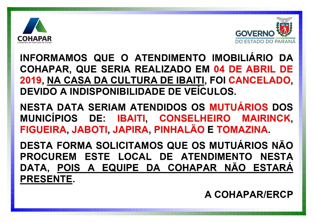 AVISO CANCELAMENTO ATENDIMENTO COHAPAR DIA 04/04/2019