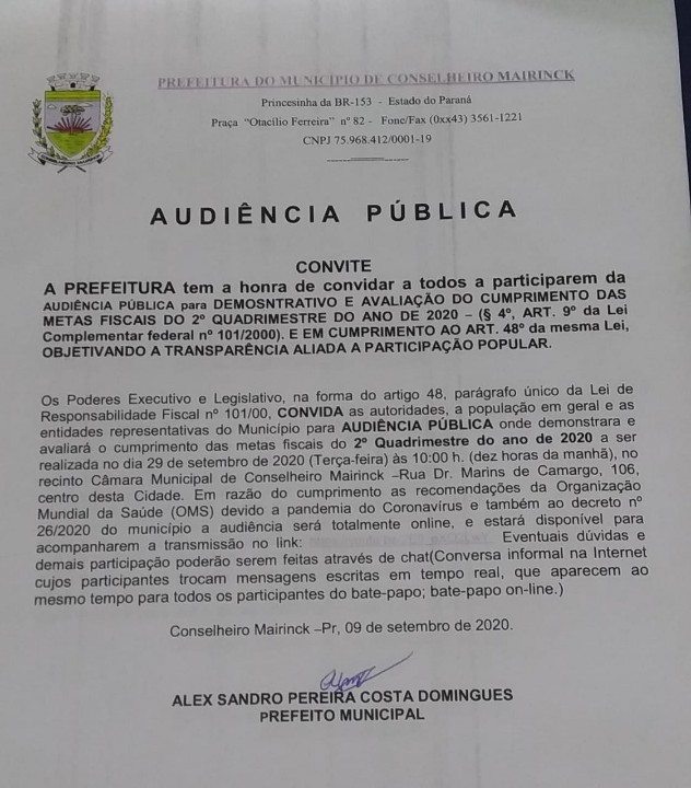 CONVITE AUDIÊNCIA PÚBLICA - TRANSMISSÃO AO VIVO CANAL YOUTUBE